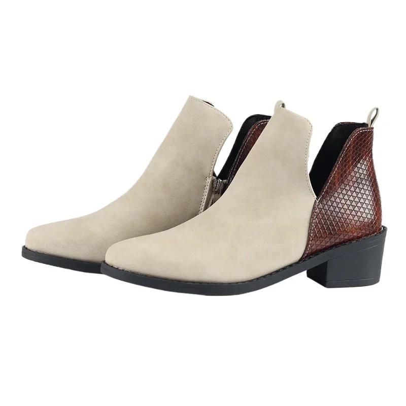 Fashion Women's Shoes 2024 Hot Sale Zipper Women's Boots Autumn Round Toe Mixed Colors Flock Short Barrel Mid Heel Large Size Boots