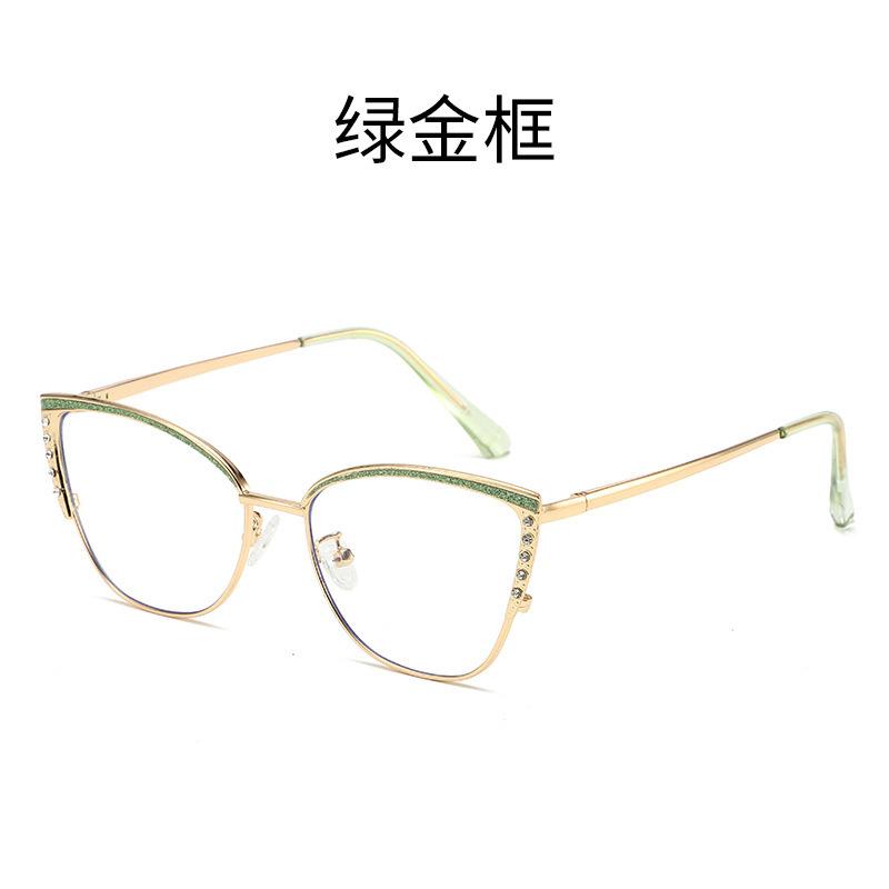 European and American metal cat eye glasses frame fashion trend personalized decoration diamond-encrusted flat glasses color-changing anti-blue glass