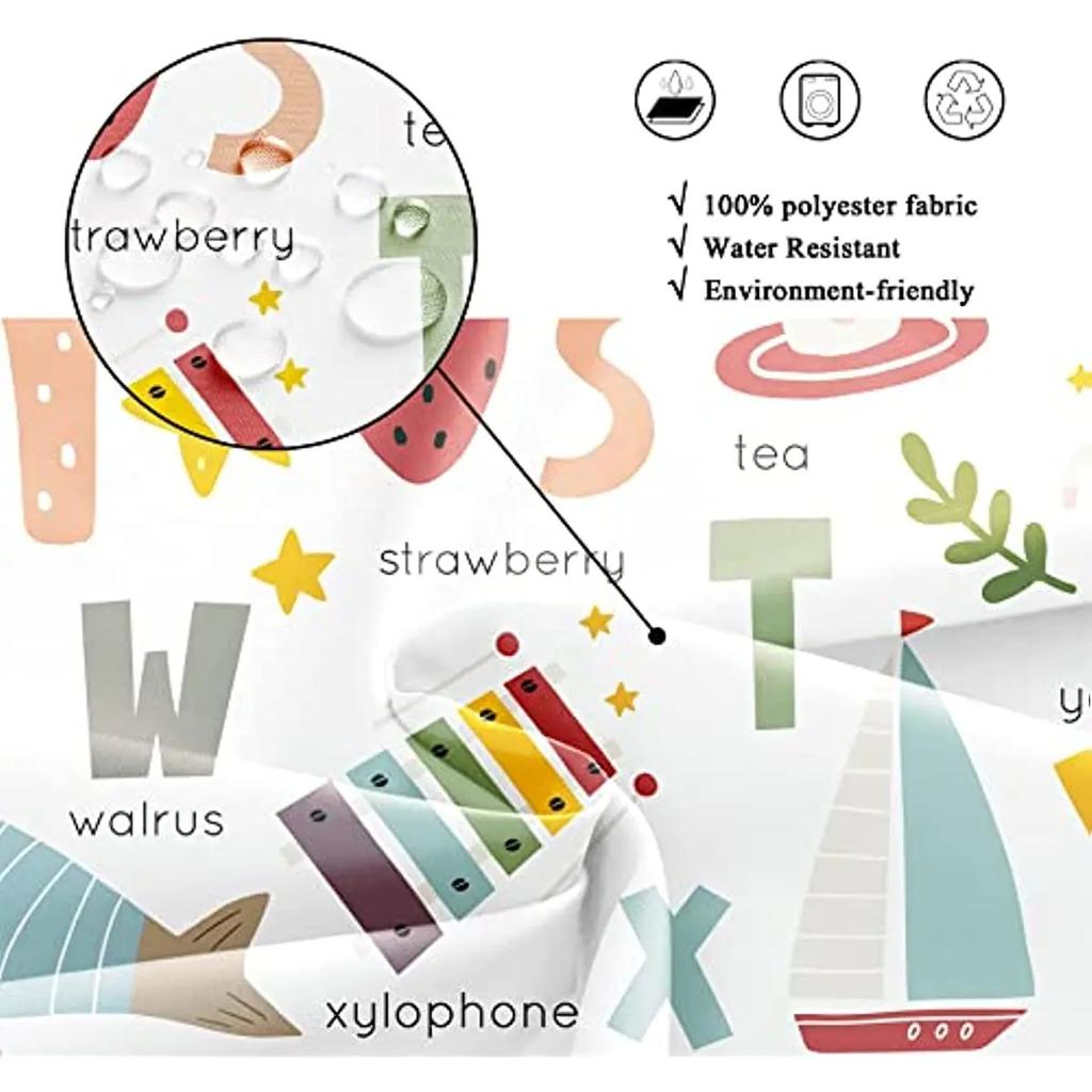 Kids Alphabet Shower Curtains For Bathroom Decor Abc Educational Learning Tool Baby Cartoon Animals Colorful Girls Boys Printed