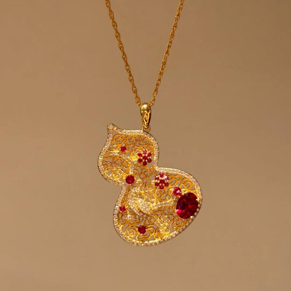 Red Corundum Floral Window Fu Lu Pendant Hollow Colorful Diamond Flower Magpie Plum Gourd Necklace Women