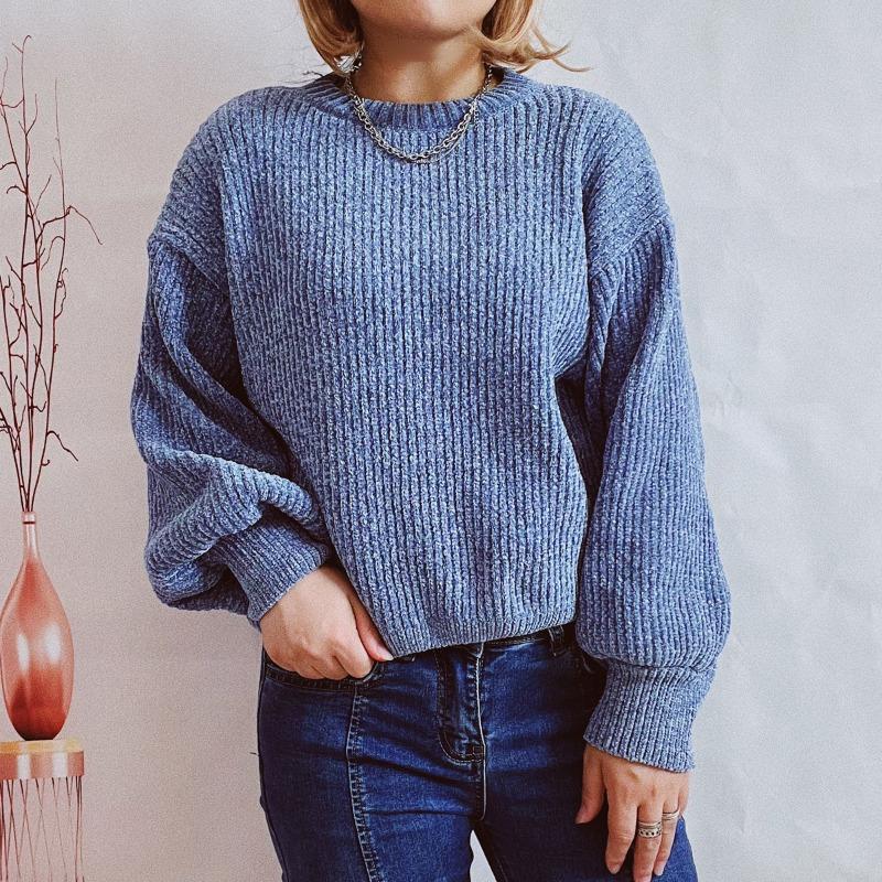 Autumn and Winter New Women's Solid Color Casual Shirt Round Neck Lantern Sleeve Short Knit Pullover Sweater Woman