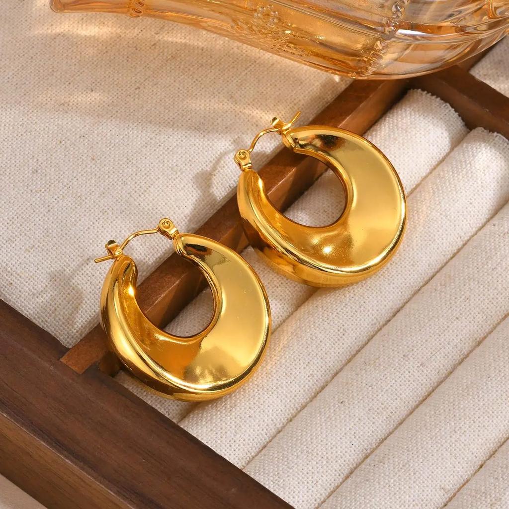 Stainless Steel C-shaped Chunky Hoop Earrings for Women Girls 18k Gold Plated Exquisite Popular Earring Daily Jewelry Gifts