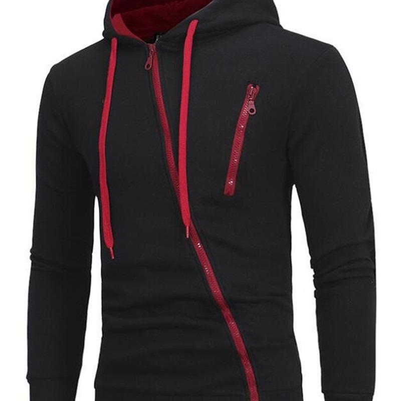 New Style Asymmetrical Zipper Slim-Fit Hooded Men's Sweatshirt Jacket W01