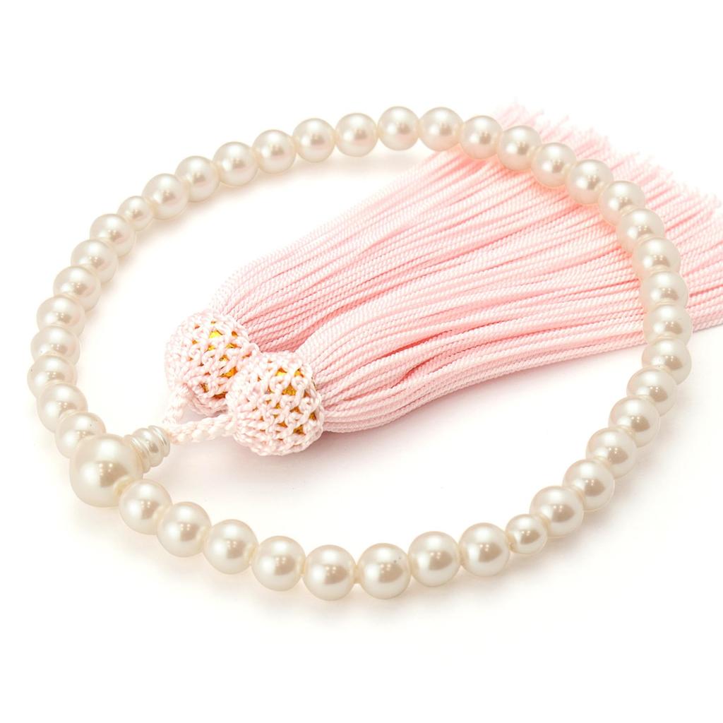 Women's Shine Pearl Pink Buddhist Prayer Beads with Artificial Silk Tassel, Suitable for All Sects, Ideal for Informal Funerals, Buddhist Altars, and