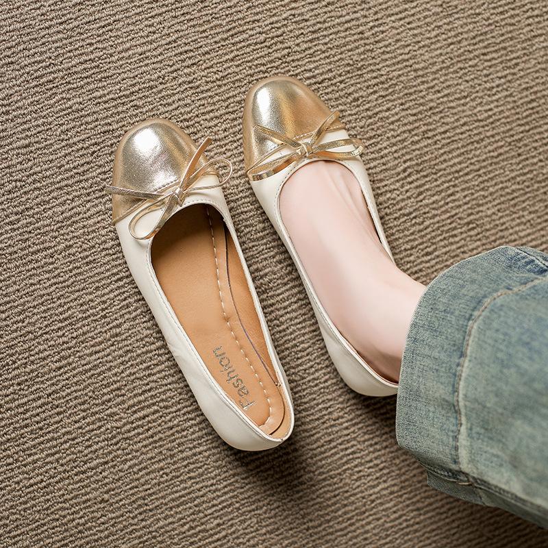 Bow Single Shoes Women's Spring and Autumn New Large Size Round Head Shallow Mouth One Pedal Casual Shoes