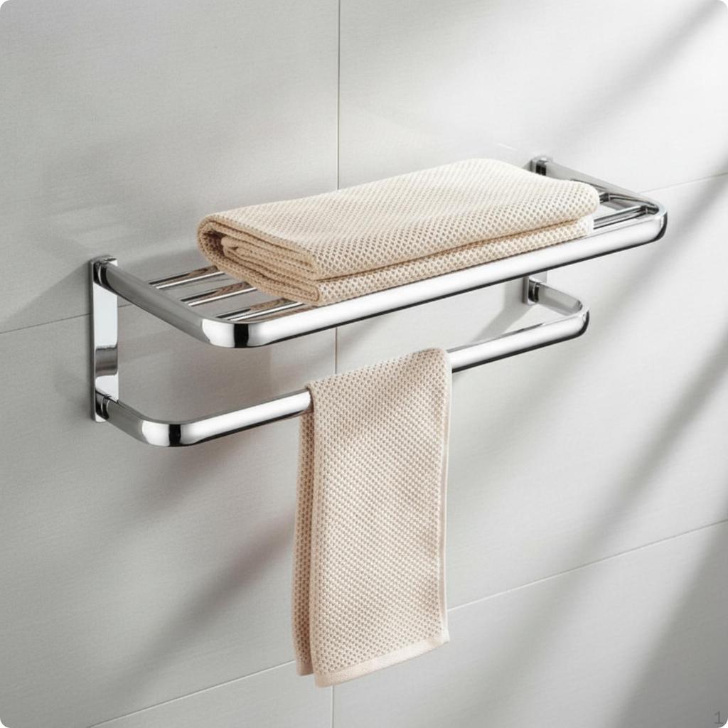 Washroom Towel Rack with Shelf Chrome Bar DoubleTier Hardware for Guest Bath,