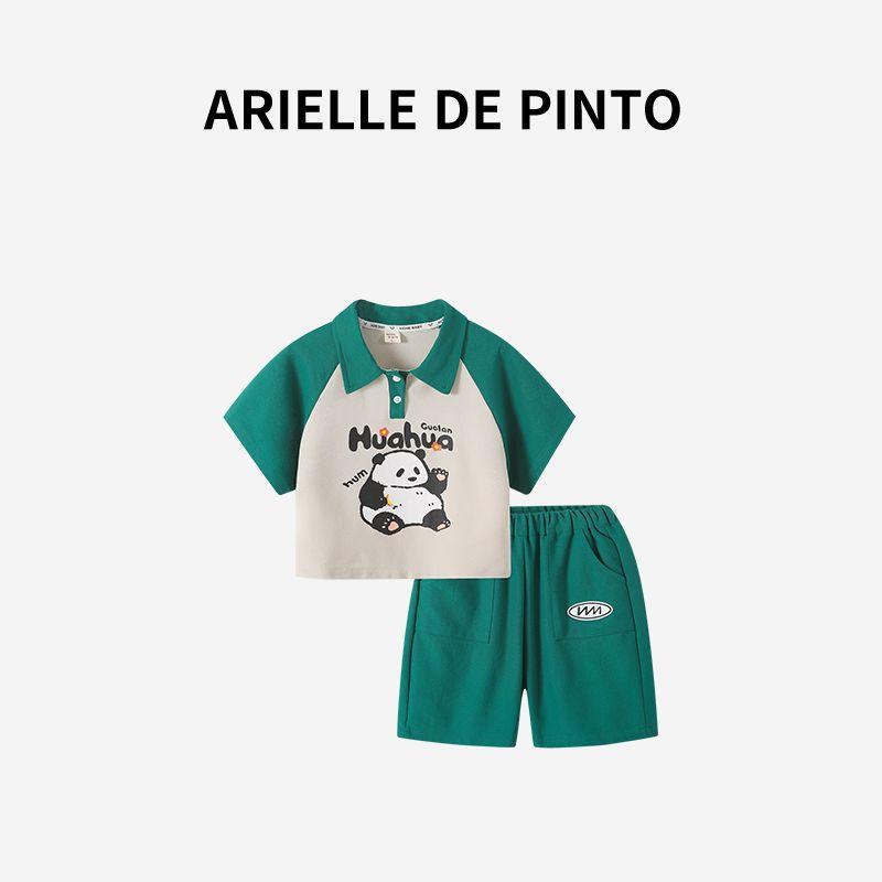 French Arielle De Pinto Boys Raglan Sleeve Panda Short-Sleeve Set Summer Fashion Trendy Children s Outfit Green 120