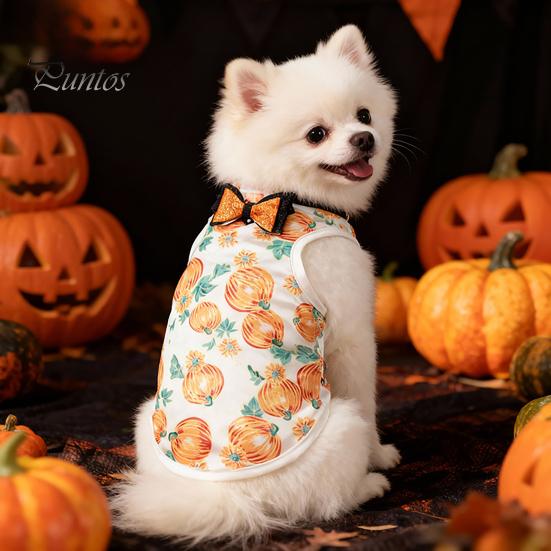 Dog T-shirt Halloween Pet Costume, Pumpkin Print Vest for Small Dogs Cats, Glitter Bow Festive Costume Tie Puppy Outfit, Cute Clothes Party