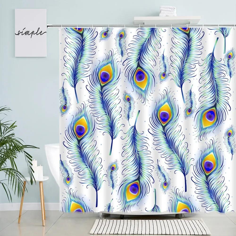 Peacocks Feather Shower Curtains Creative Design White Bath Curtain Modern Minimalist Art Nordic Bathroom Decor Sets with Hooks