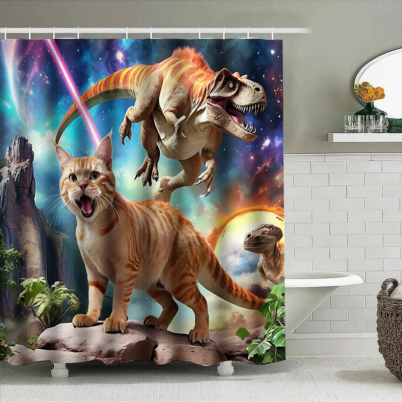 Creative Dinosaur Cat Pattern Waterproof Mold-proof Shower Curtain Home Decor Unique Design Stylish Bathroom Item Elevate Space