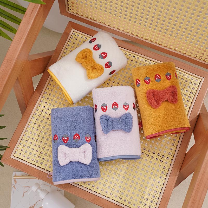 Strawberry Embroidered Bowknot Bath Towels - Coral Fleece Gift Set