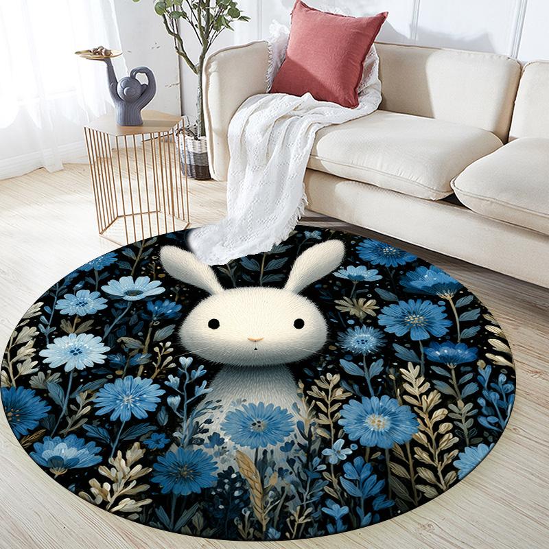 Flower Rabbit,Round Area Rug,Carpet Rug for Living Room Bedroom Sofa Playroom Decor,Non-slip Floor Mat