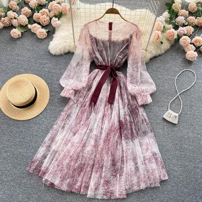 Elegantní ženy Síťované šaty Vintage Lucerna s rukávy Společenské šaty s potiskem Jaro Léto Patchwork Plážové šaty s linií Bandage