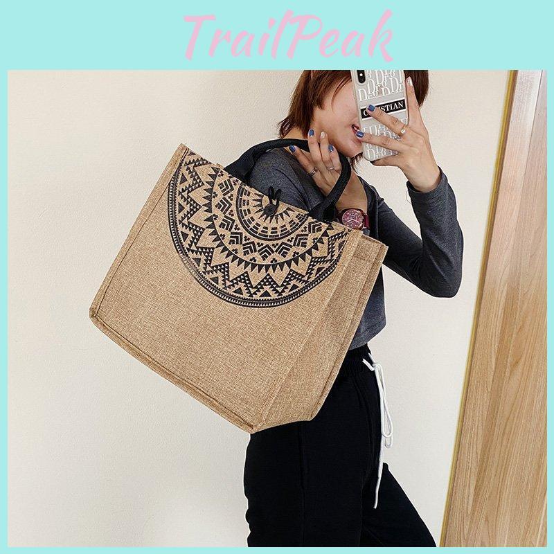 Tote Printed Flax Bag For Women Large Capacity Shoulder Bag With Casual Commuter