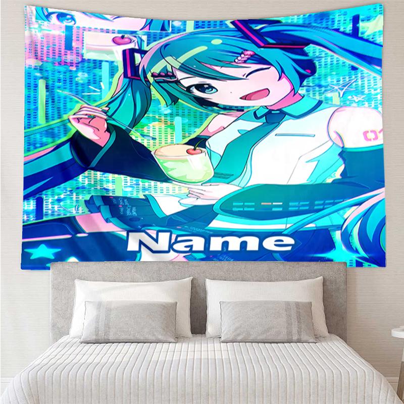 Custom Name Hatsune Miku Print Tapestry, Backdrop, Easy Setup, Ideal for Bedroom, Office & Living Room, with Aesthetic Wall Hanging Decor.