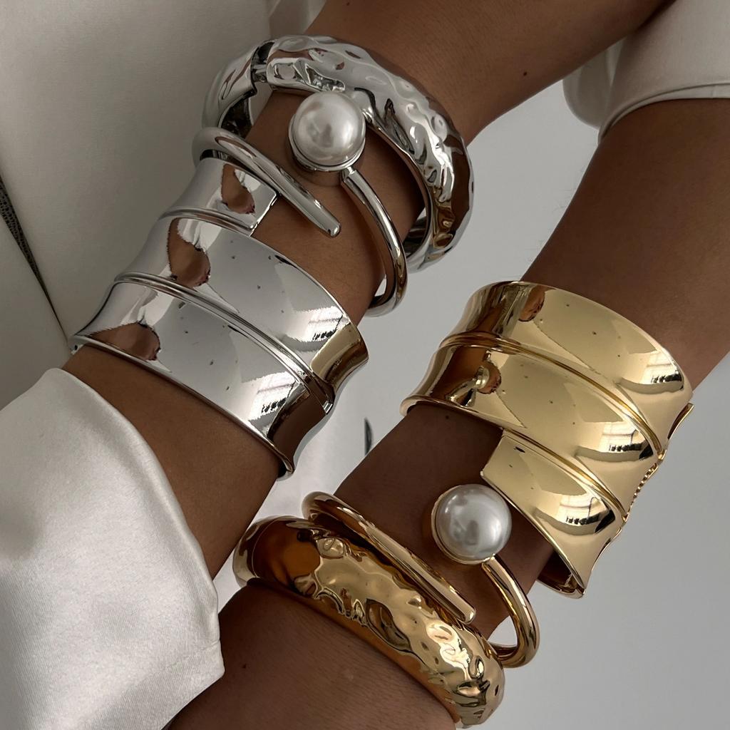 SHIXIN Hip Hop Smooth Gold Color Open Spring Bangles for Women Irregular Geometry Wide Cuff Bracelet Luxury Jewelry Unisex Men