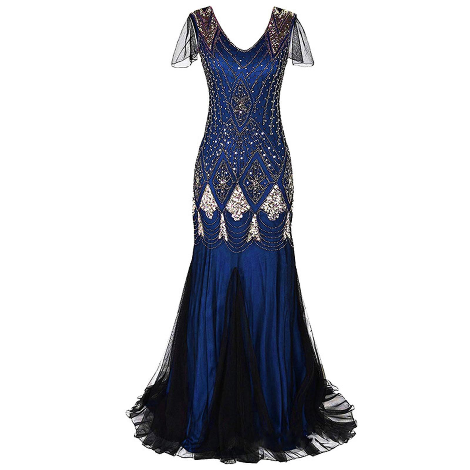 Women s Fashion V-neck Vintage Sequins Dress Banquet Party Evening Gown Fishtail Dress Long Dresses L синий
