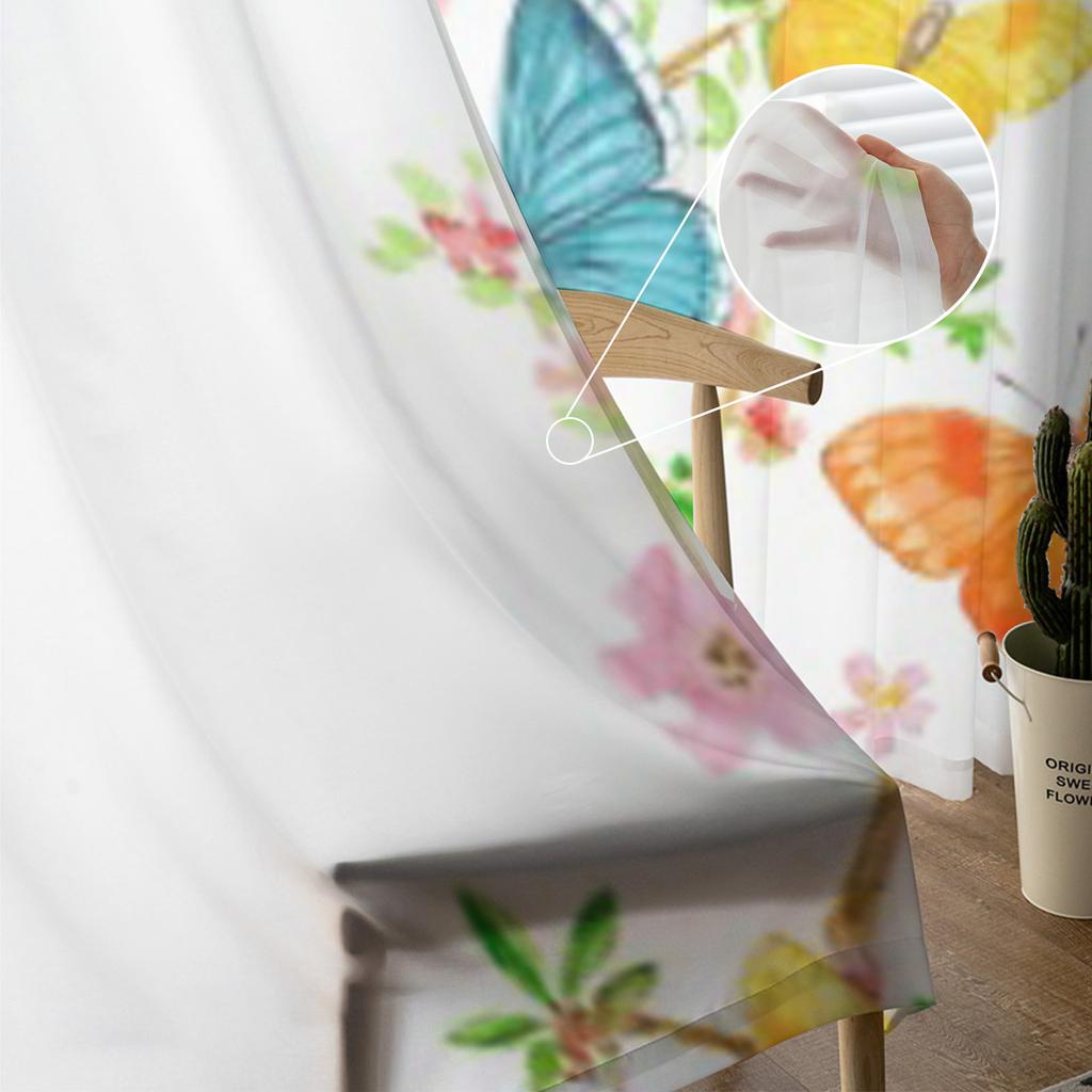 Cute Butterfly Flying Over Almond Blossom Chiffon Sheer Curtains for Living Room Bedroom Decoration Window Voiles Tulle Curtain