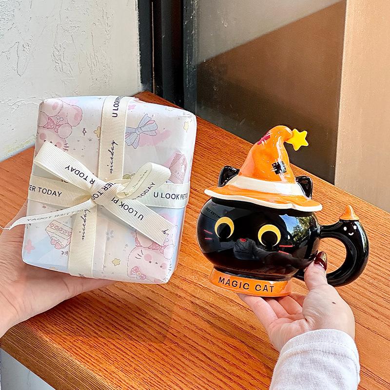 Creative Halloween gift magic hat cat ceramic mug with lid for girls practical mug souvenir gift box