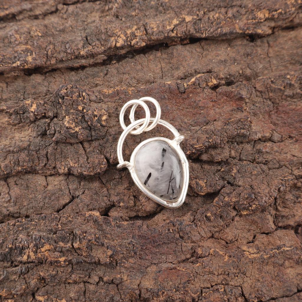 Pear Black Rutile Gemstone 925 Silver Sisters Gift Handmade Wedding Boho Pendant PP-56-25