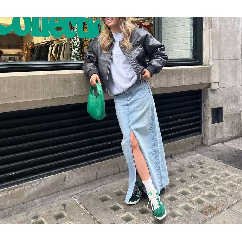 Spring New Arrival American Retro Ins Style High Waist A- Line Mid Length Long Length Front Slit Raw Edge Denim Skirt