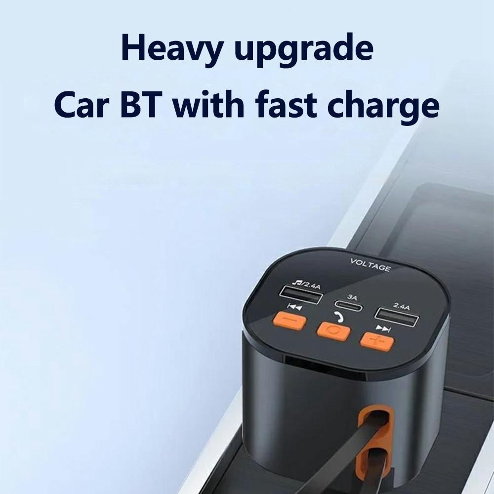 PT-21 FM Transmitter Car Charger Voltage Display PD Fast Charging Adapter with iP/Type C Retractable Cables