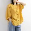 Womens Teal Linen Blouse Casual Round Neck Lantern Sleeve Button Up Solid Color Top
