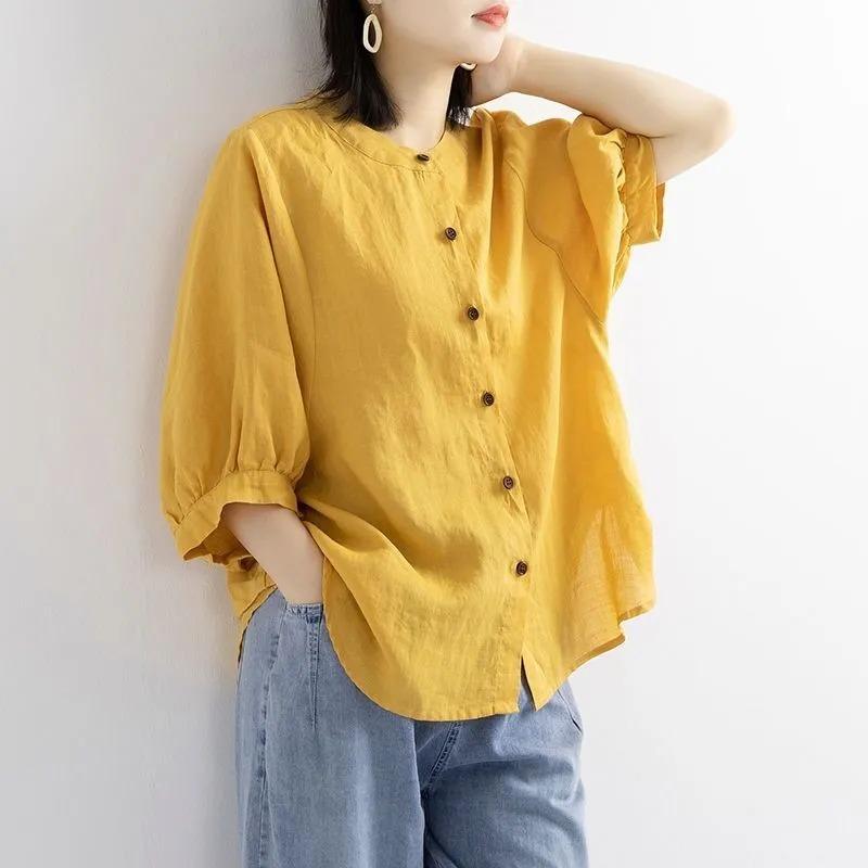 Womens Teal Linen Blouse Casual Round Neck Lantern Sleeve Button Up Solid Color Top