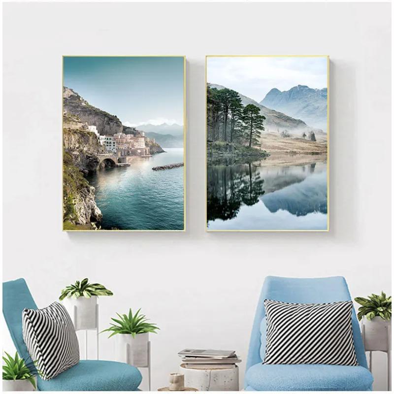 Mountain Lake Reflection Picture Nature Scandinavian Nordic Decoration Coastline Cityscape Print Wall Art Canvas Painting