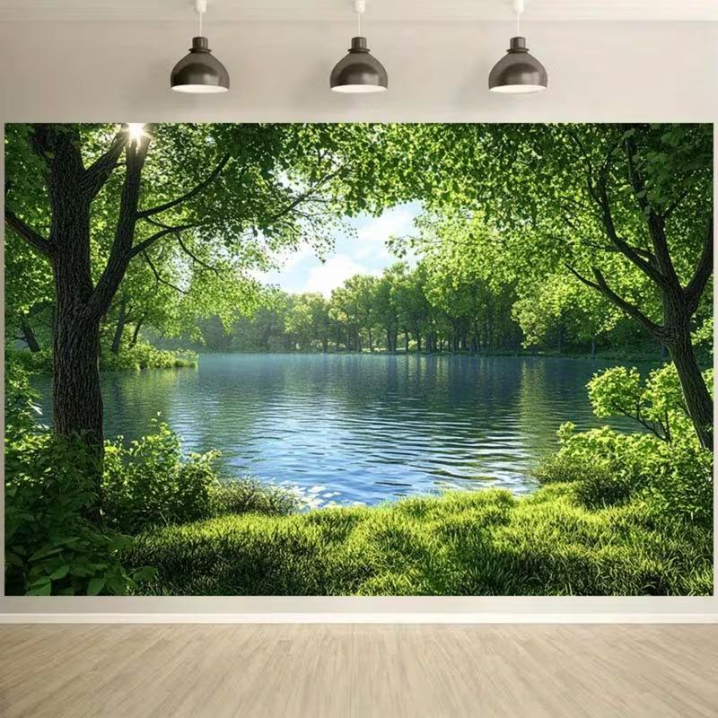 2D Summer Nature Tapestry Peaceful Lake View with Lush Forest Wall Decor