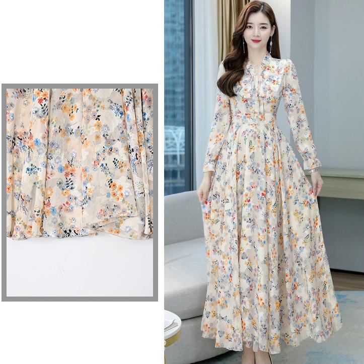 Floral Chiffon Dress Spring and Autumn Temperament Waist Slim Slimming Bow V-neck Jacquard Elegant Long Skirt