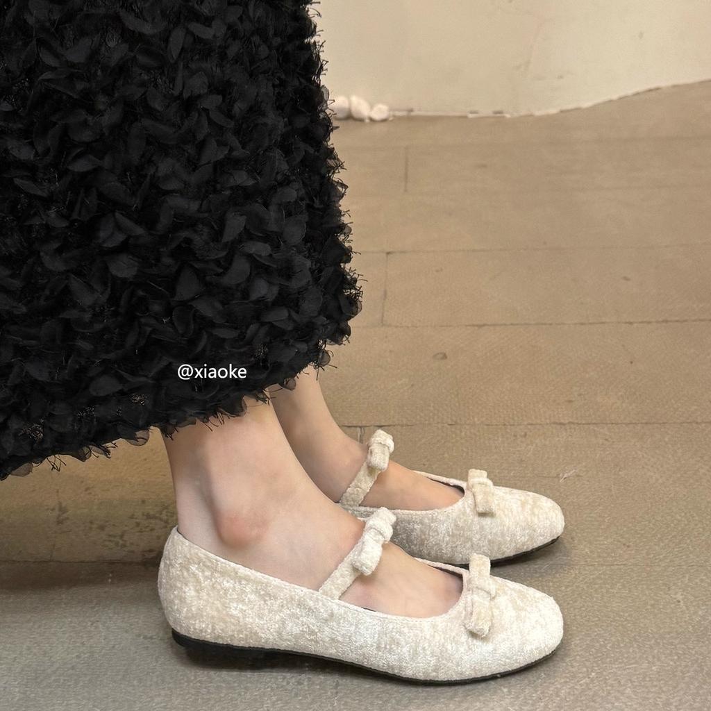 French evening wind bow square head Mary Jane shoes ballet shoes 2025 new fairy style with skirt grandma shoes