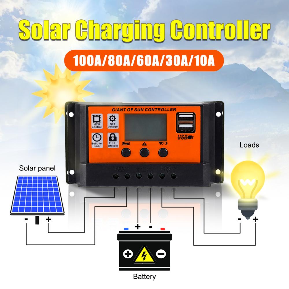 30A/60A/80A/100A PWM Solar Charge Controller 5V Solar Panel Charger Battery Conditioner Car Solar Panel LED Display Dual USB