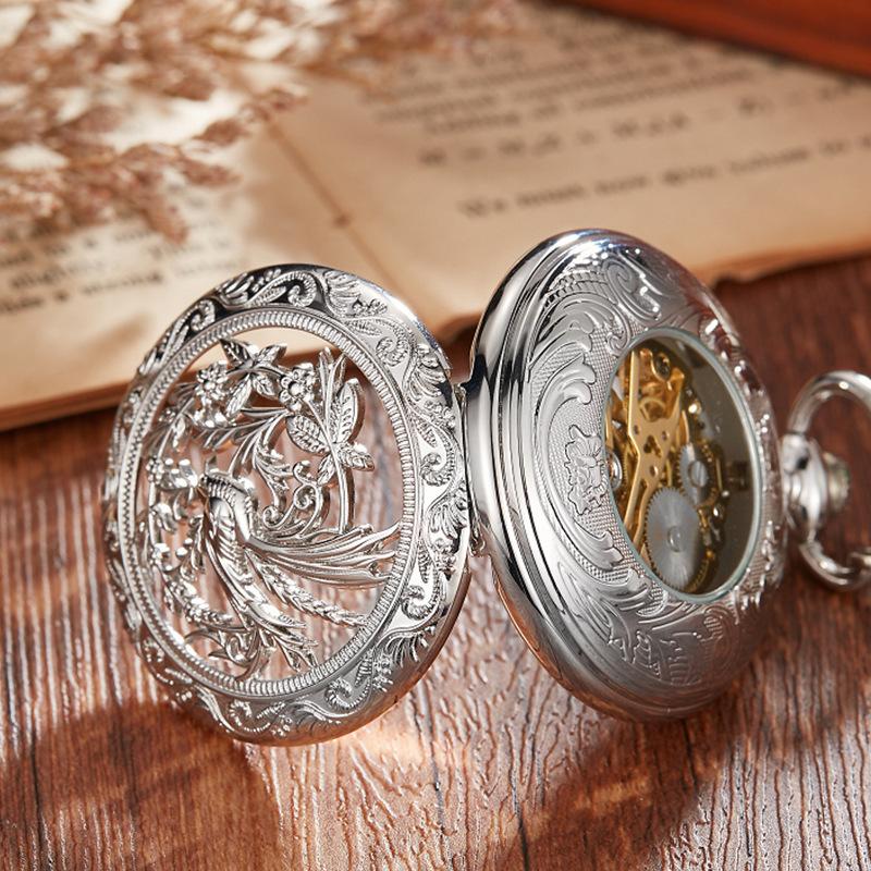 New Silver Bird Song Flower Flap Double Hollowed Roman Literal Semi-automatic Mechanical Pocket Watch
