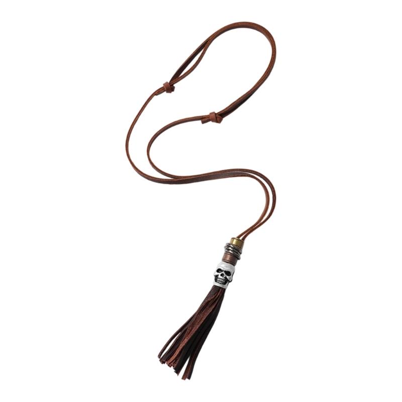 

Lightweight Punk Rock Neck Chain Necklace Feature Skull Charm and Adjustable Leather Rope Fringe Detailing Jewelry