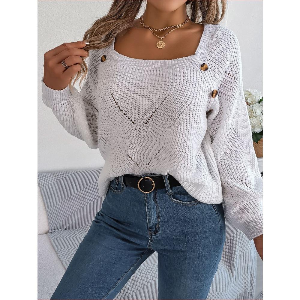 Modisches Damen Strickoberteil mit eckigem Ausschnitt, Knopfleiste vorne, einfarbig, zum Schnüren, mit Glockenärmeln