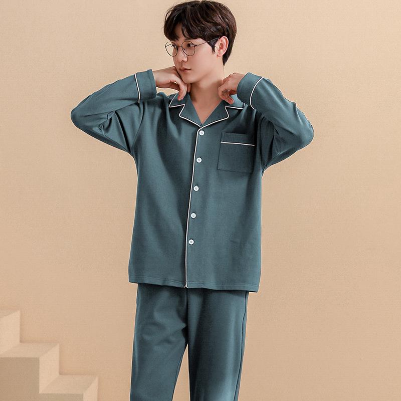 Spring Long Sleeve New Pajamas Men's Cardigan Cotton Simple Leisure Suit Can Wear Loose Home Clothes