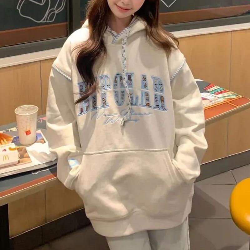 Female Clothing Letter Embroidery Hoodies Chic Drawstring Hooded Autumn Winter Fleece Spliced American Casual Loose Sweatshirts
