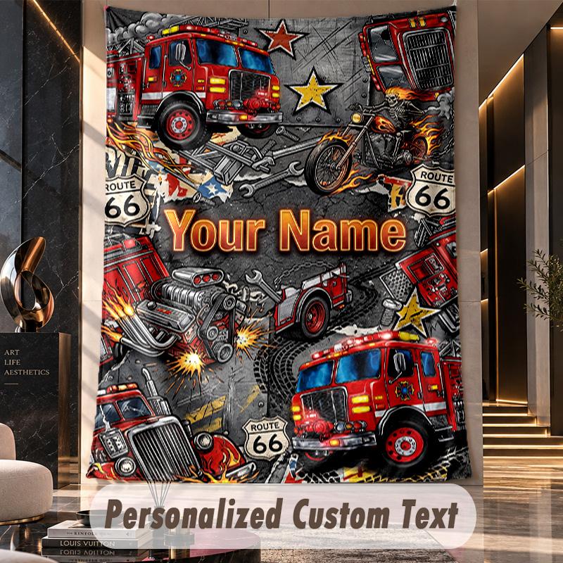 Feuerwehrauto (37) Thema Individueller Wandteppich Personalisierter Benutzerdefinierter Name Text Wandbehang Teppich Heimdekoration Hintergrundtuch
