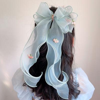 Fashion Embroidered Floreal Braided Hairpin Solid Color Chiffon Ponytail Clip Bowknot Big Hair Accessories Kids