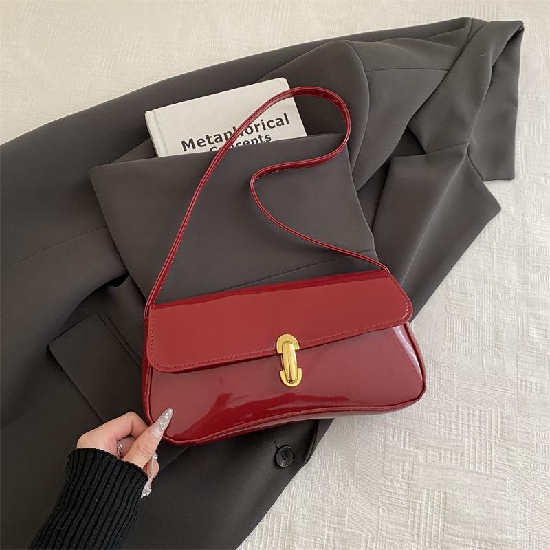 Vintage Glossy Solid Color PU Leather Women's Shoulder Bags Fashi Lock Ladies Underarm Bags Versatile Female Small Square Bag