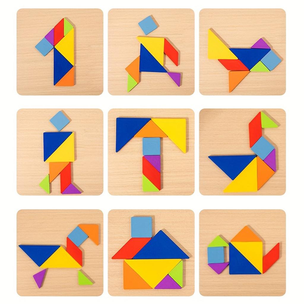 Holz-Tangram-Puzzle-Set, Lernspiel zum Zuordnen von Formen mit Musterkarten für kognitive Entwicklung und logisches Denkvermögen