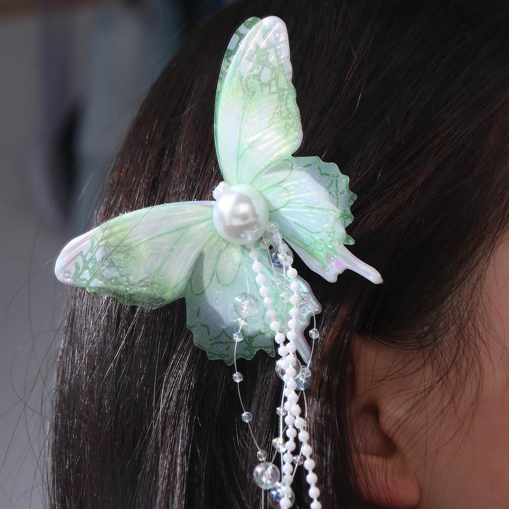Imitation Pearl Butterfly Hairpin Mesh Butterfly Hair Clip Exquisite Tassel Duckbill Clip  Daily