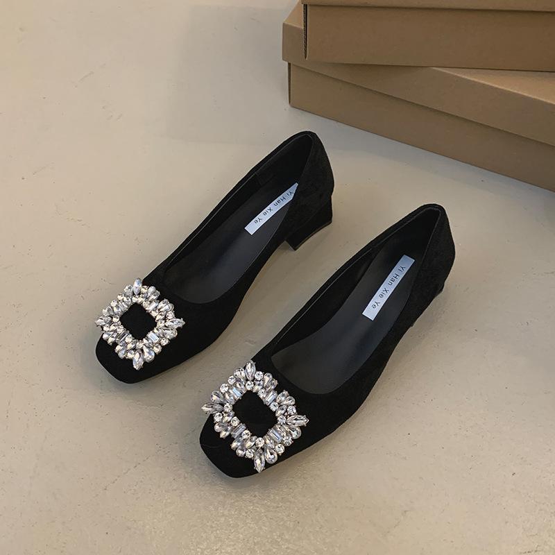 

Туфли-лодочки с квадратным носком женские туфли 2025 ранняя весна новые туфли на толстом каблуке с низким каблуком и стразами с одним ремешком неглубокие туфли на высоком каблуке 40