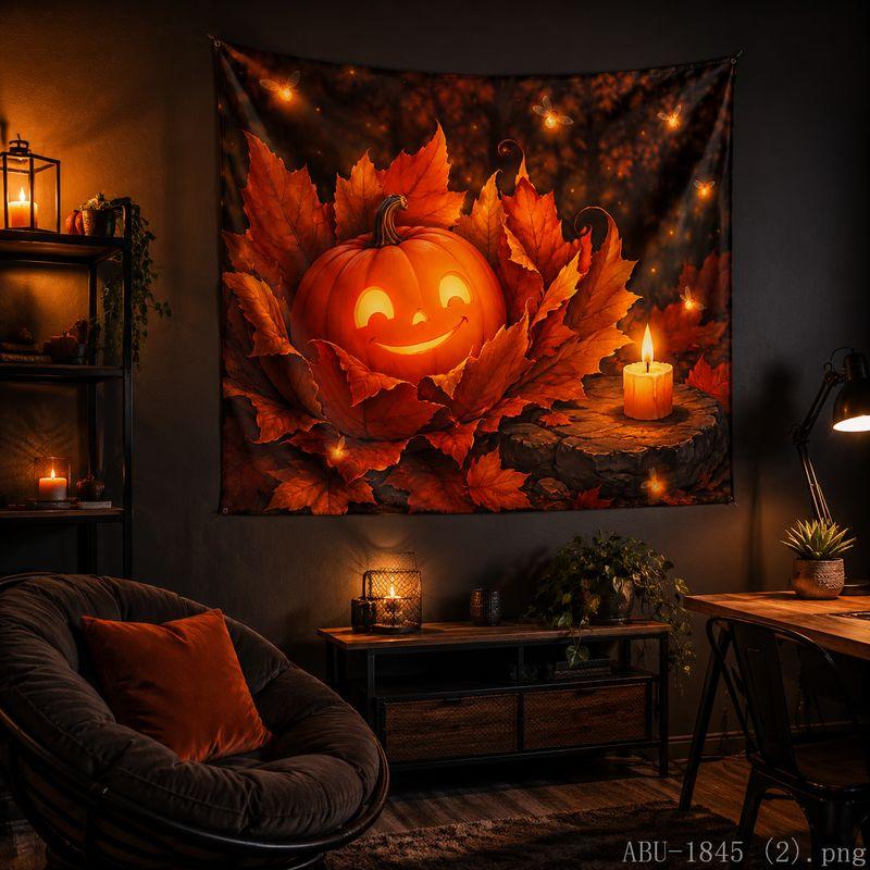 Halloween Tapestry Pumpkin Maple Leaf Lightning Moon Print Bedroom Living Room Holiday Party Wall Hanging Backdrop Decor Cloth