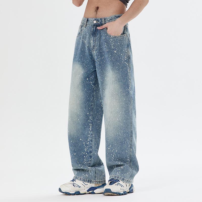 Gypsy hot diamond washed old denim straight pants loose casual men's retro street trendy American wide-leg trousers