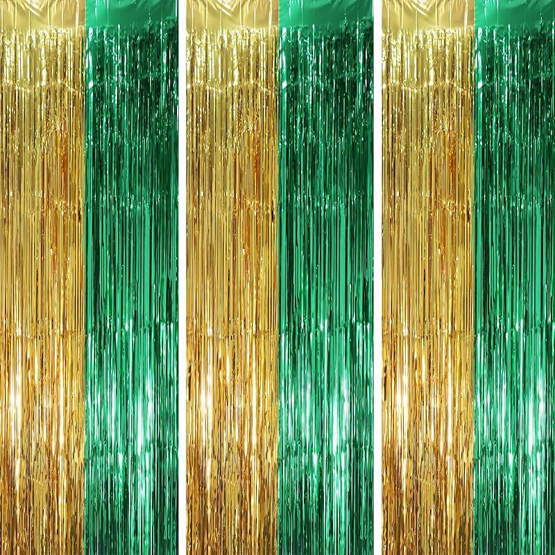 3 Pack 3.3x8.2 Feet Gold Foil Fringe Backdrop Curtains, Tinsel Streamers, Fringe Backdrop for 2025 New Years Eve, Graduation, Birthday, Baby Shower,