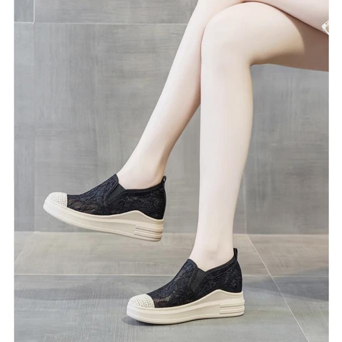 2025 Summer Shoes Women Fashion Sneakers Breathable Mesh Shoes Flat Platform Height Increasing 7cm Brand Black Shoes