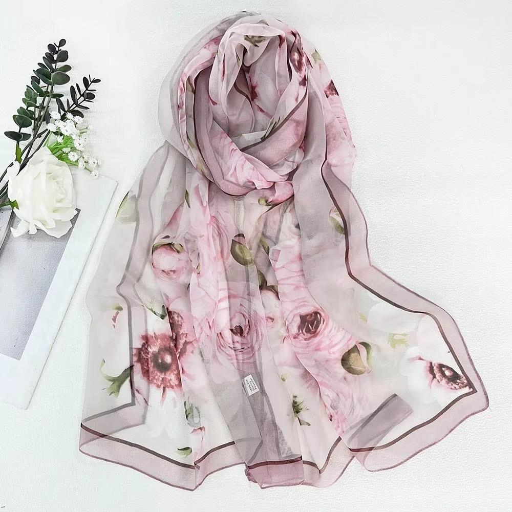 Thin Soft Long Chiffon Scarf Flower Print Beach Scarves Sun Protection Scarf for Casual Wear