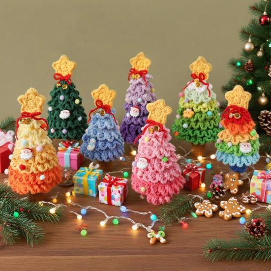 Crochet Christmas Tree Small Handmade Multi-layered Knitting Xmas Tree with Woodgrain Base for Winter Tabletop Home Room Party Decor
